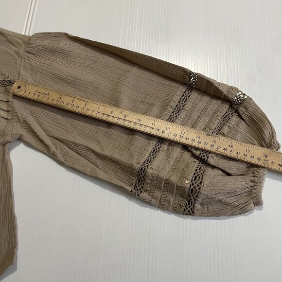 Free People Summer Stars Puffy-Sleeve Button Down Crochet Trim Top XS Brown - Picture 8 of 16